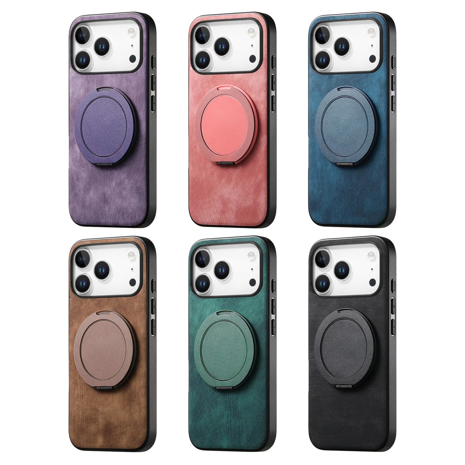 Skin-Feel Leather Case with 360° Rotating Ring for iPhone 17 Series