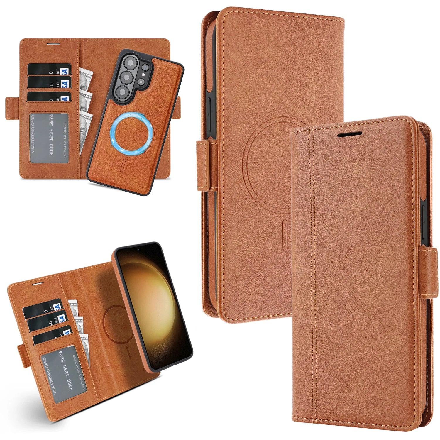 Leather Detachable 2-in-1 Magnetic Wallet Case with Shockproof Hard Back for Samsung Galaxy S24 Series