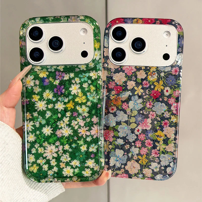 Shockproof Case with Shiny Glitter Floral Back for iPhone 17 Series