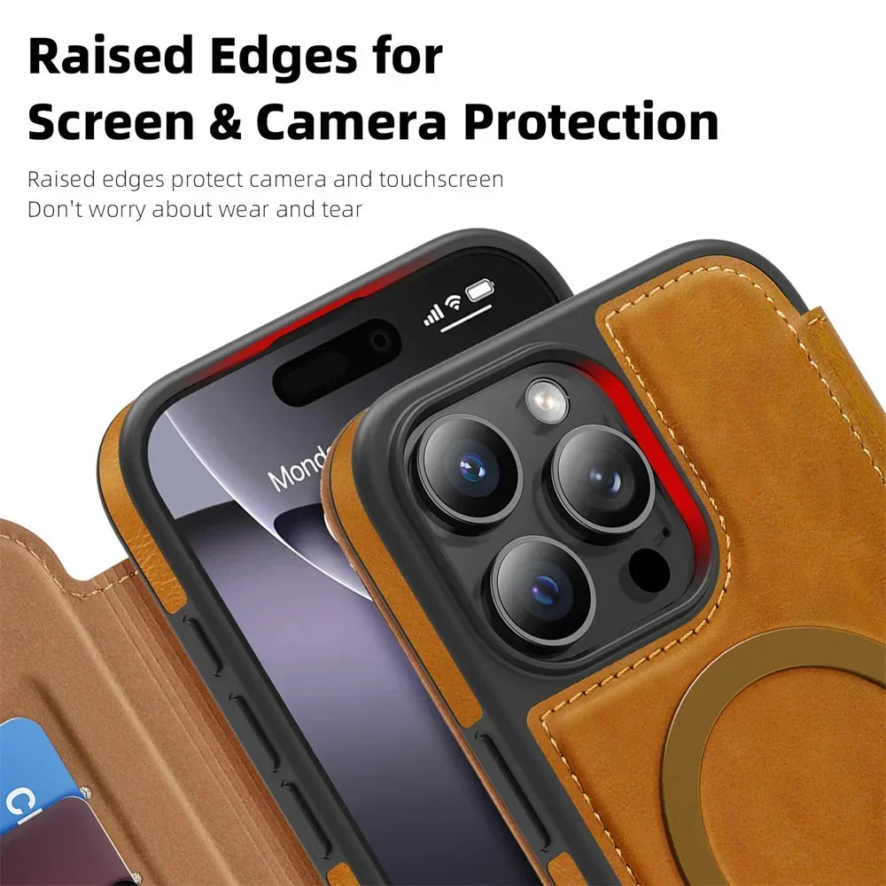 Premium Leather Flip Wallet MagSafe Case for iPhone 15 Series