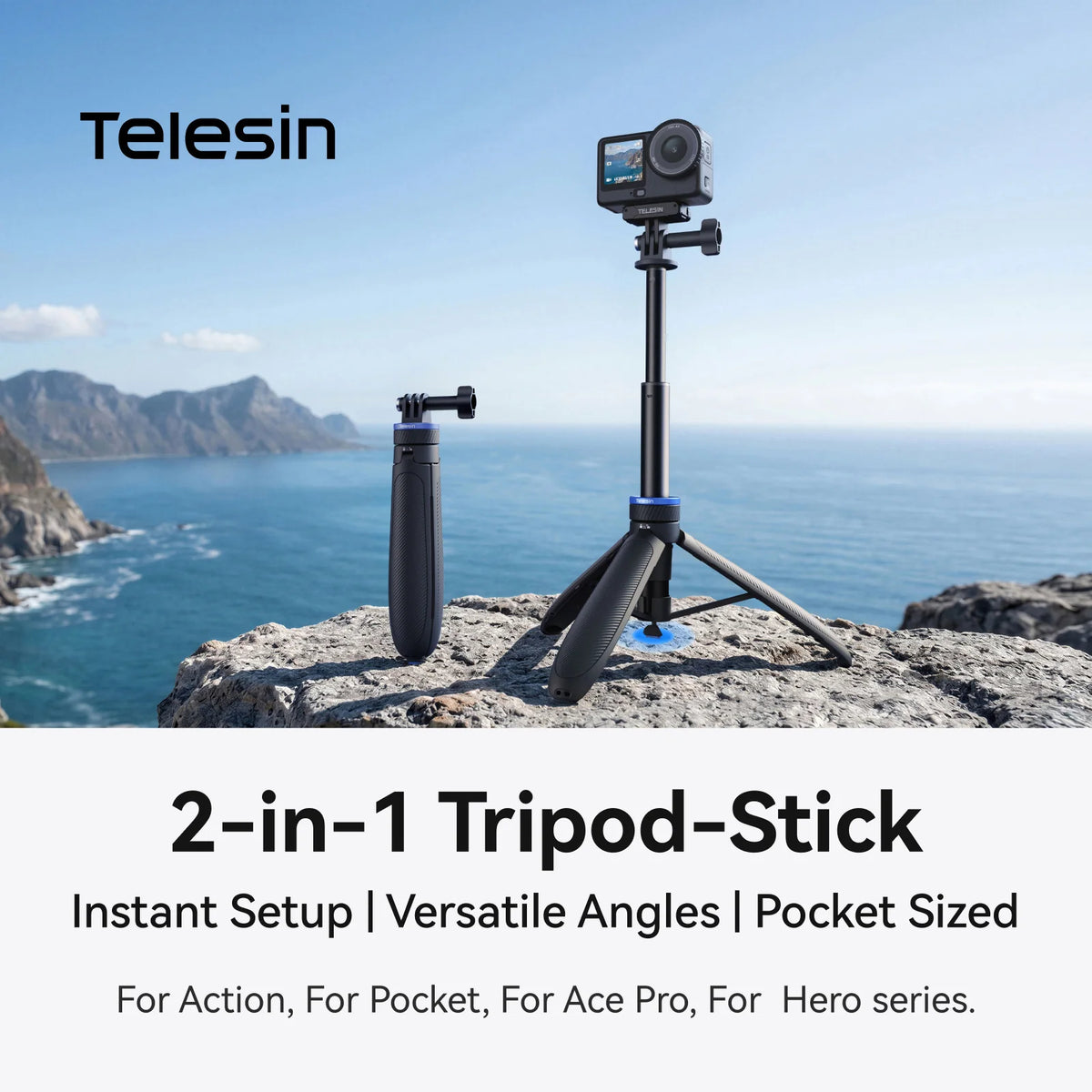 Telesin Aluminum Alloy Quick-Deploy Tripod Selfie Stick