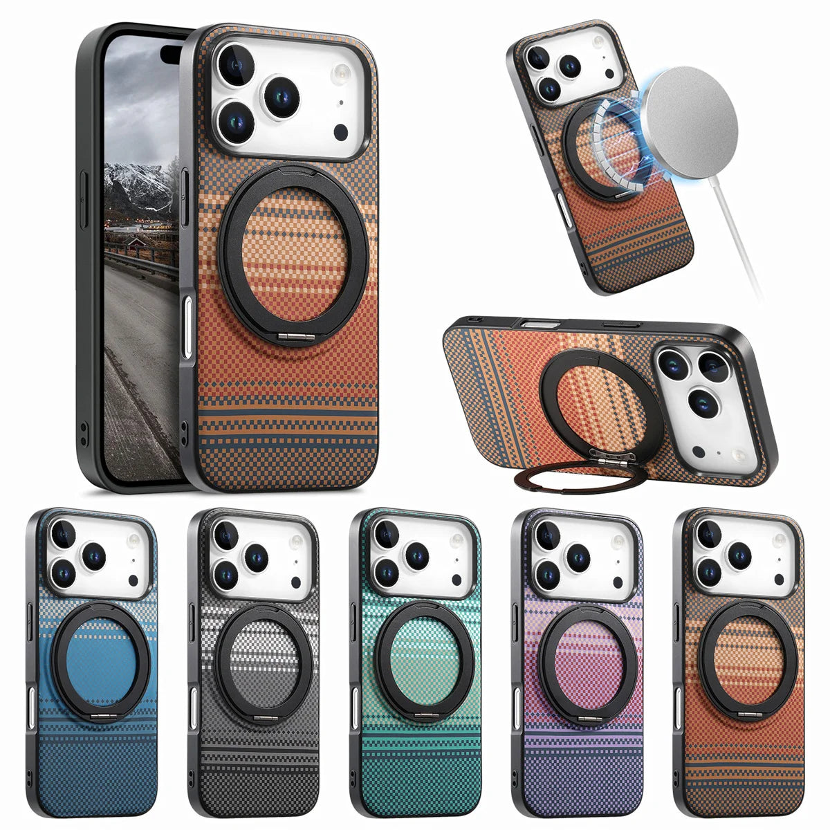 iPhone 17 Series Carbon Fiber MagSafe Case with 360° Rotating Stand