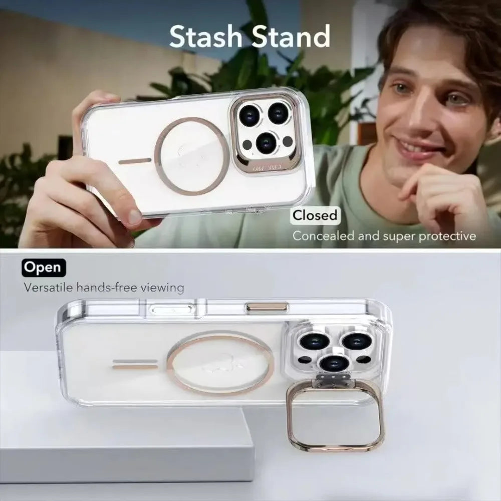 Luxury Transparent MagSafe Case with Camera Guard & Stand for iPhone 16 Series