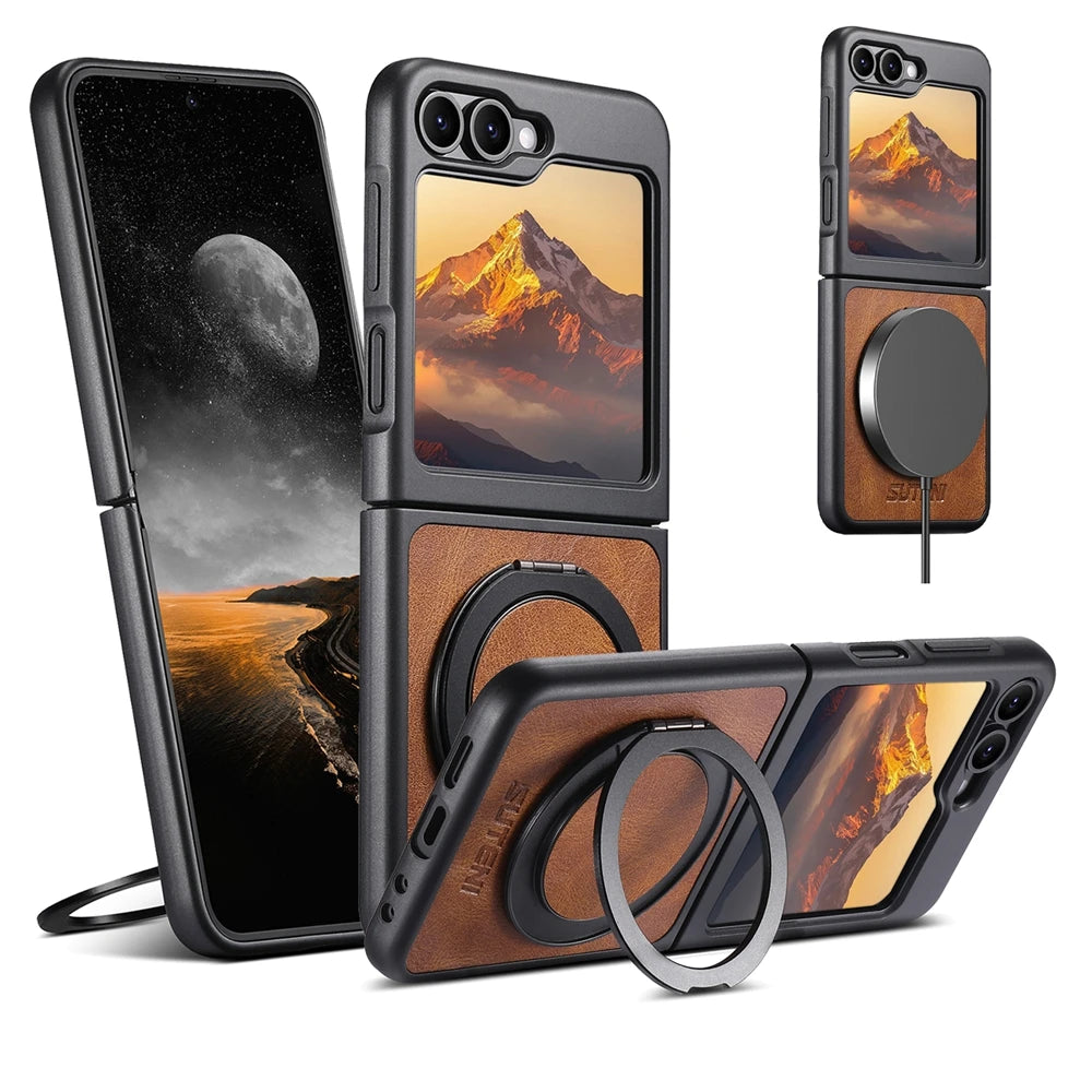 Premium Leather Magnetic Flip Case with Ring Bracket for Samsung Galaxy Z Flip 6