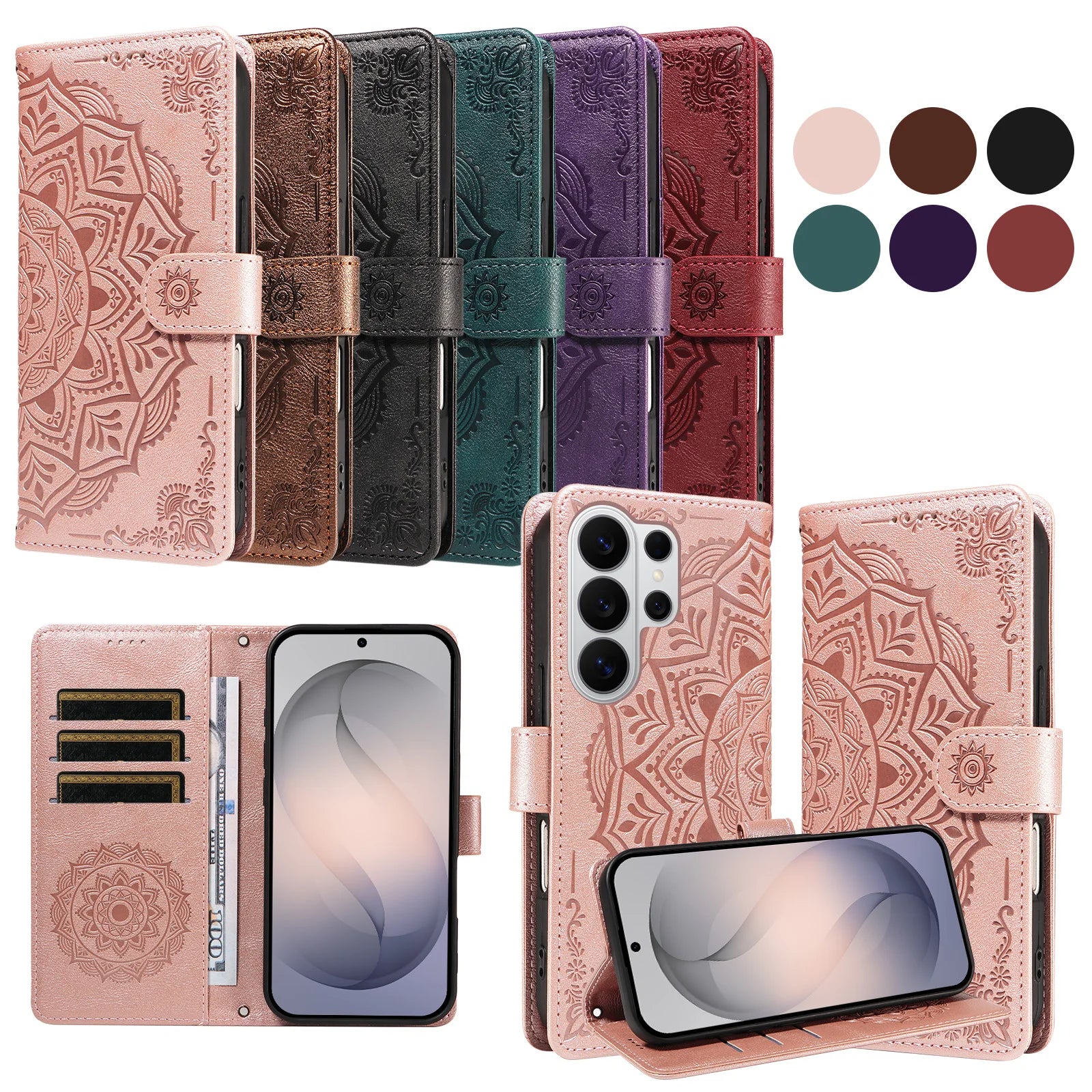 Embossed Mandala Crossbody Leather Wallet Case for Samsung S26 Series