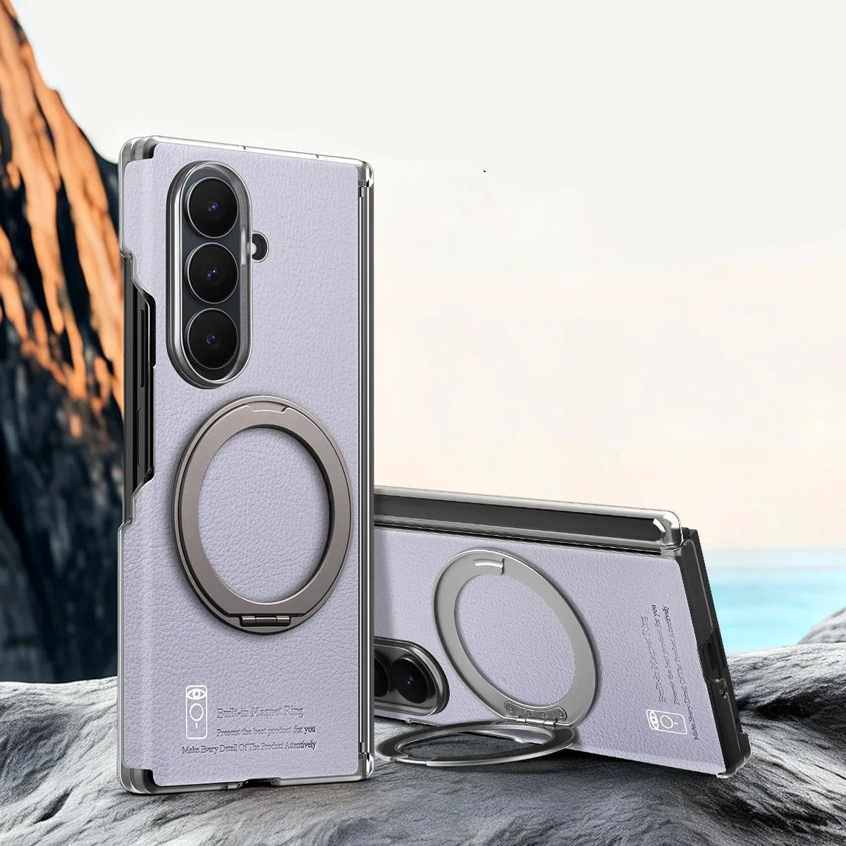 Textured Leather Shockproof Kickstand Case with 360° Rotating Ring for Samsung Galaxy Z Fold 7