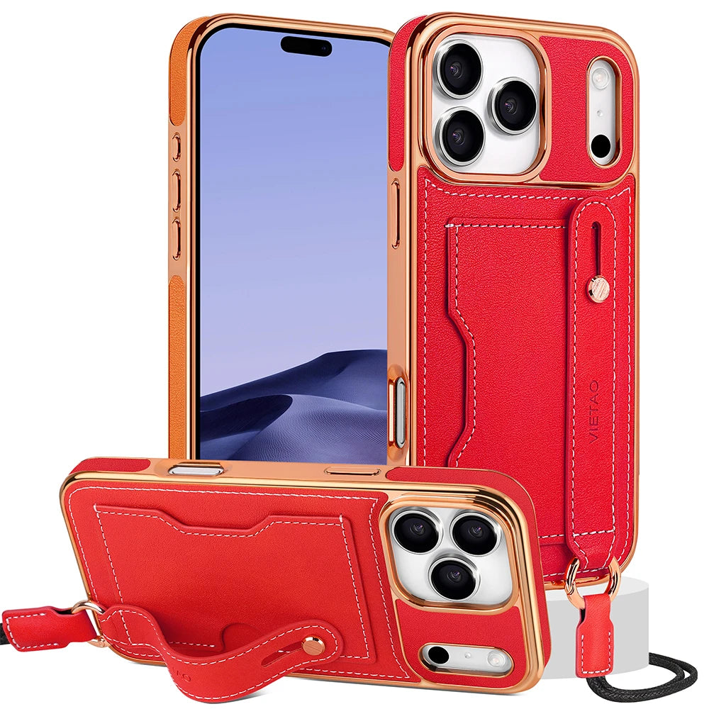 Lychee Grain Leather Crossbody Case with Detachable Neck Strap for iPhone 17 Series