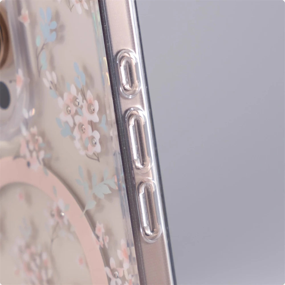 Transparent Floral MagSafe Case with Integrated Wireless Charging Ring for iPhone 15 Series