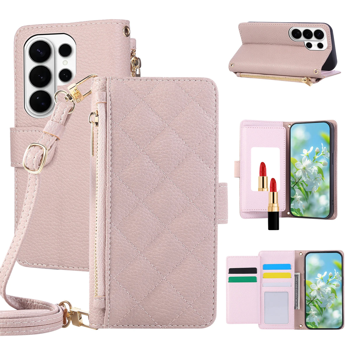 Quilted Faux Leather Crossbody Wallet Case with Detachable Adjustable Lanyard Strap for Samsung Galaxy S26 Series