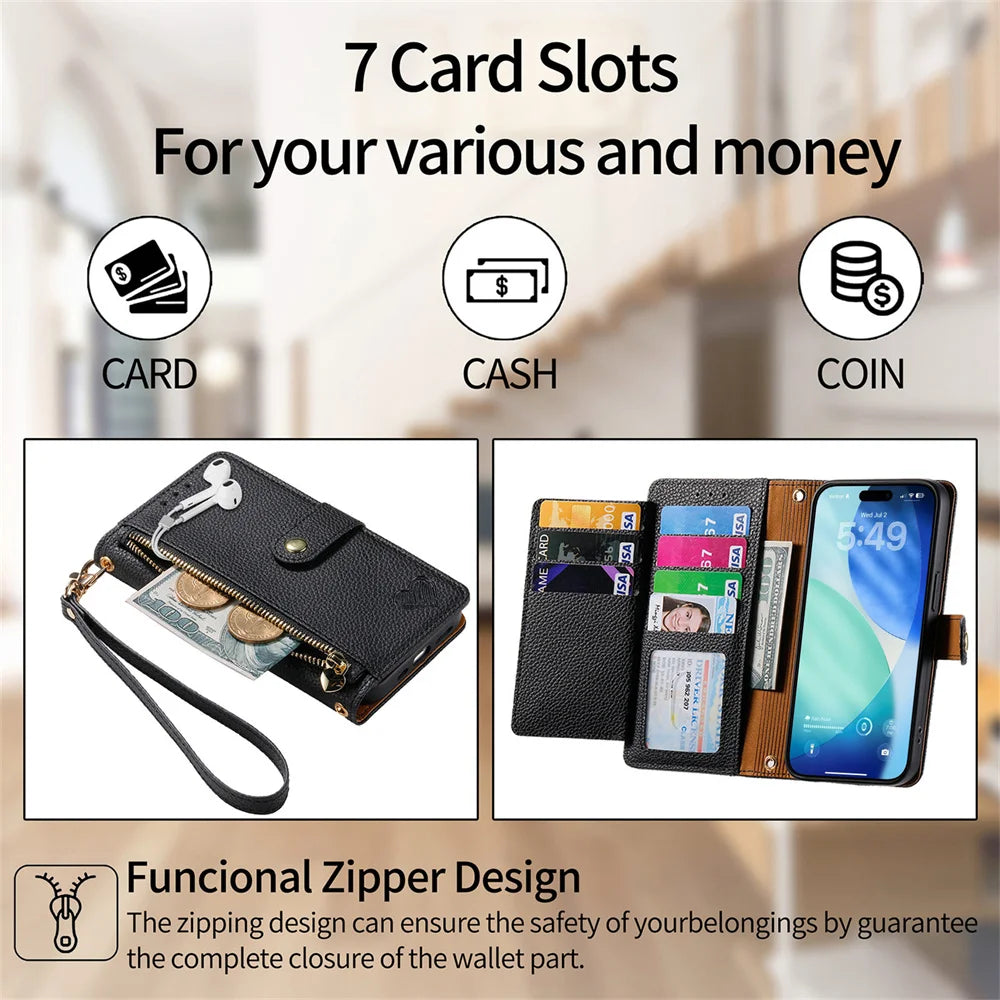 RFID Blocking Leather Zipper Wallet Phone Case with Wrist Strap for iPhone 17 Series