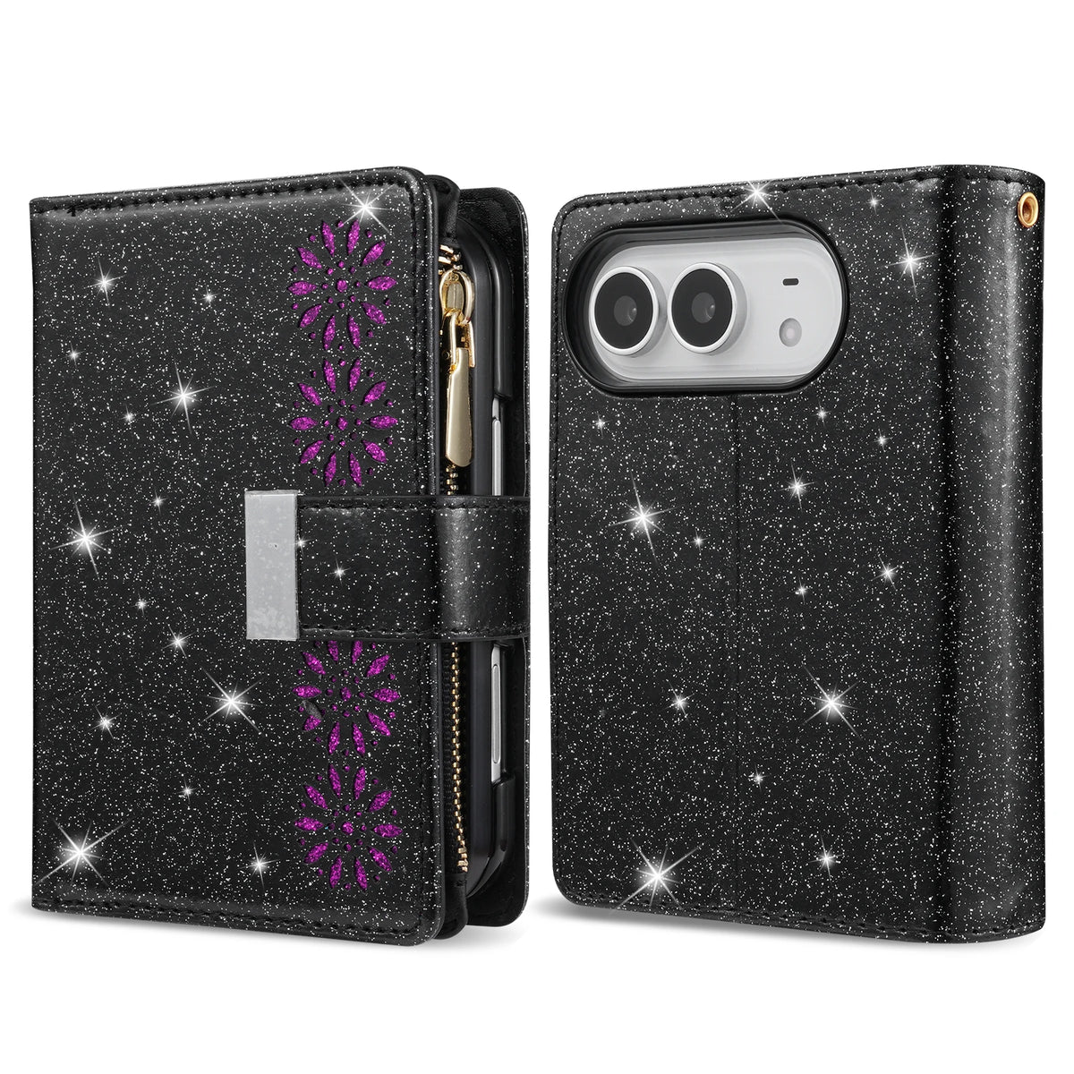 Glitter Floral PU Leather Wallet Case with Kickstand for iPhone Duo