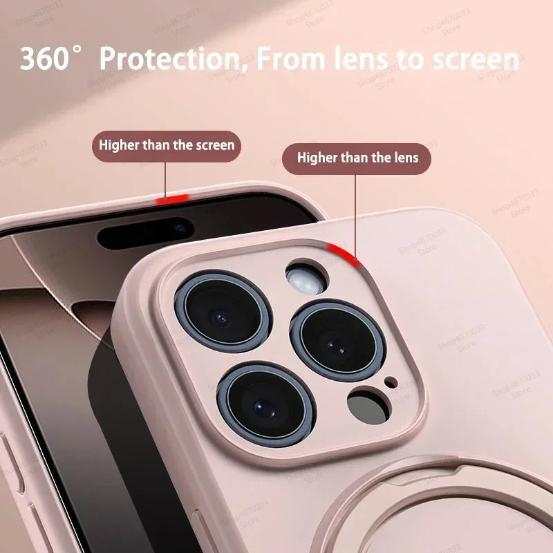 iPhone 17 Series Silicone MagSafe Case with Rotating Ring Holder Stand