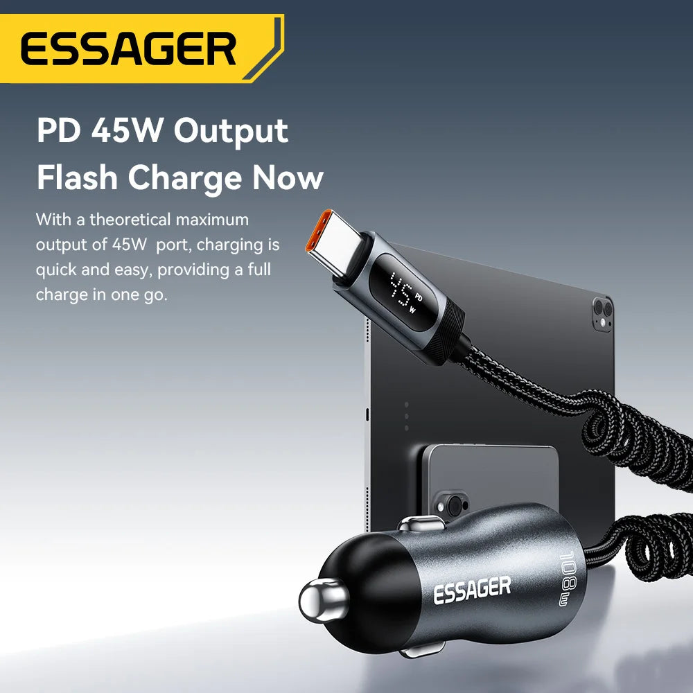 Essager 108W Dual Port Car Charger with Spring Cable