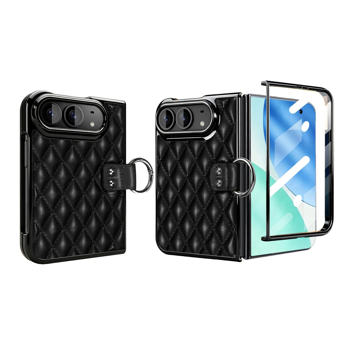 Quilted Leather Case with Ring Holder and Tempered Glass Film for iPhone Duo