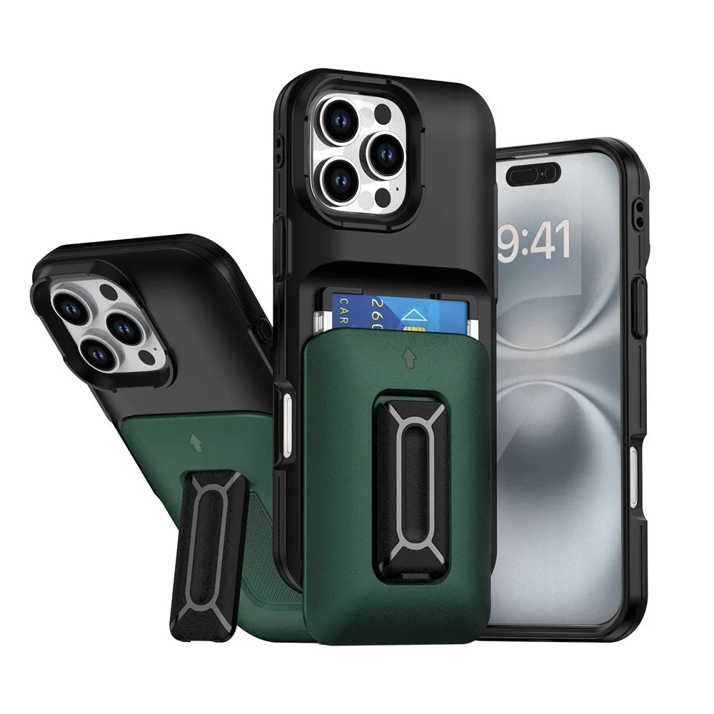 iPhone 16 Series Wallet Case with Sliding Card Holder and Kickstand