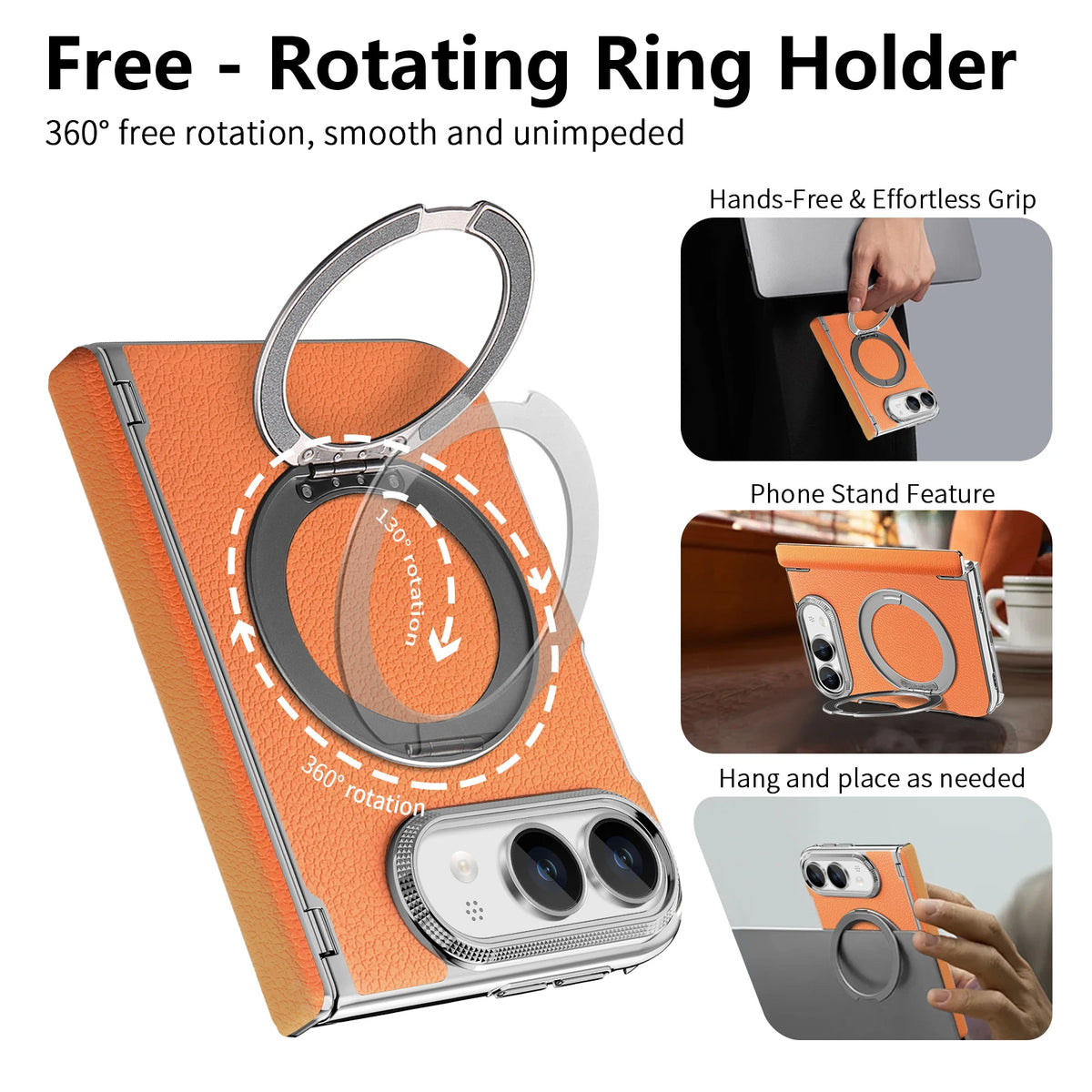 Shockproof Lychee Leather Case with 360° Rotating Ring Stand for iPhone Duo