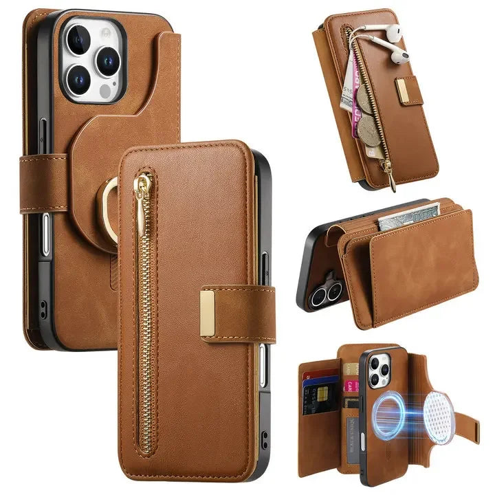 Leather Zipper Wallet Case with Detachable Magnetic Wallet for iPhone 16 Series