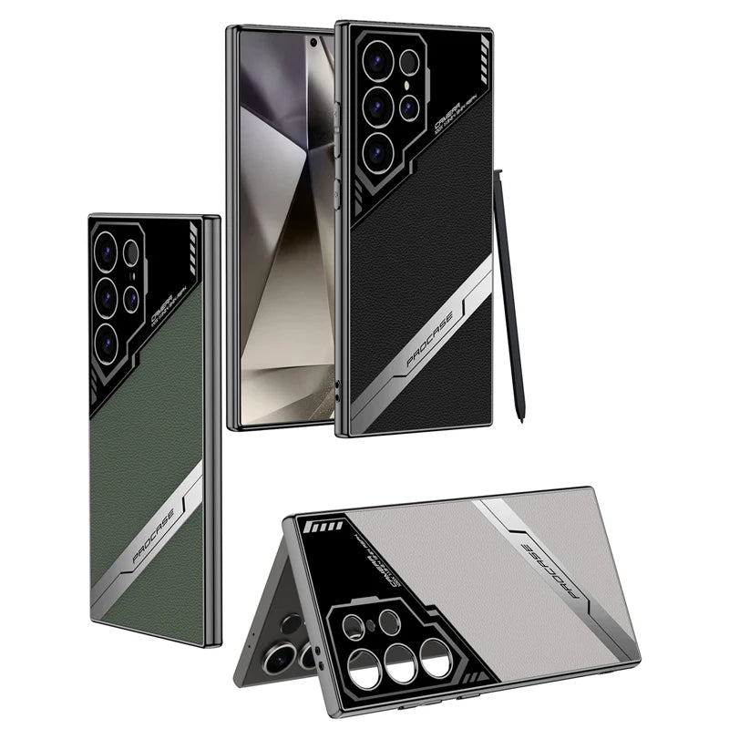 Electroplating Plain Leather + Soft TPU Edge Camera Protection Case for Samsung Galaxy S24 Ultra