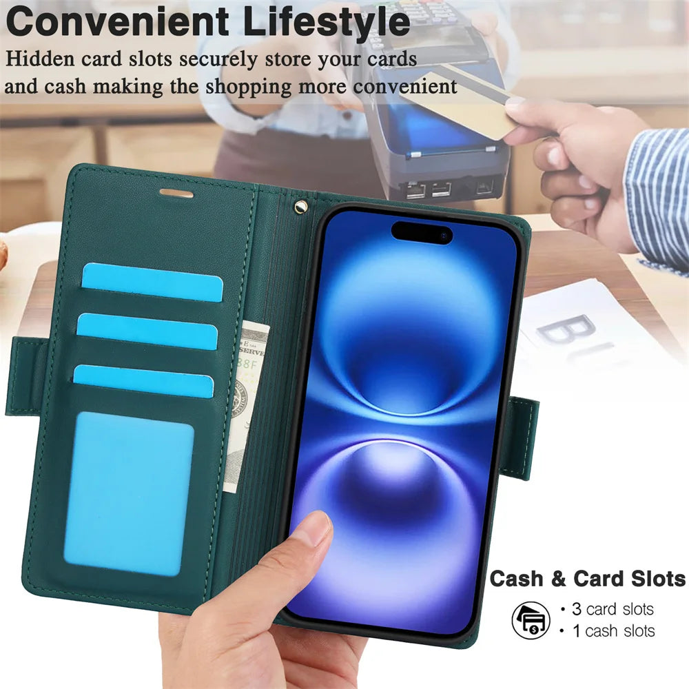 Premium Leather Flip Case with Card Slots & Wrist Strap for iPhone 16 Series