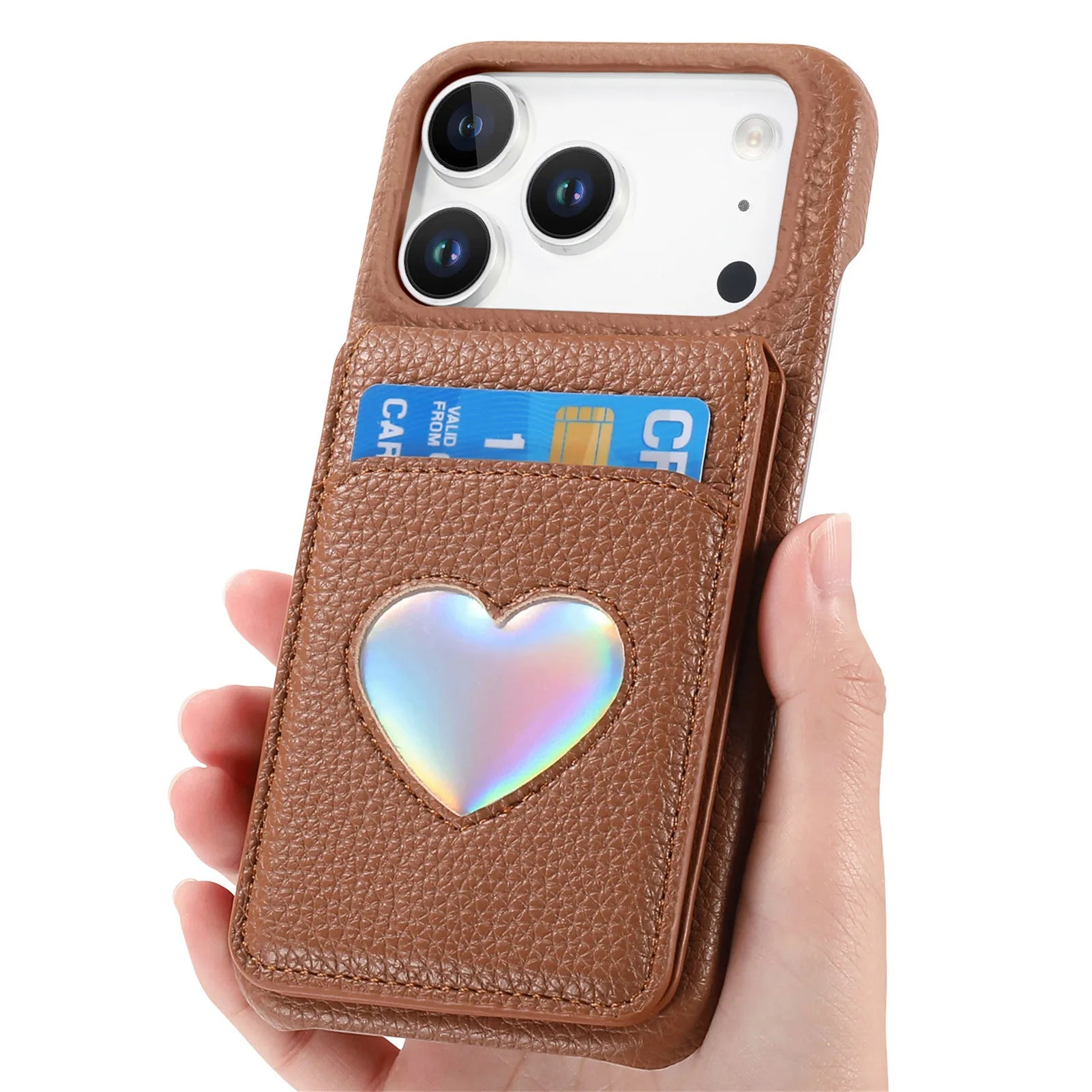 Lychee Pattern Love Heart Leather Wallet Case with Mirror & RFID Protection for iPhone 17 Series