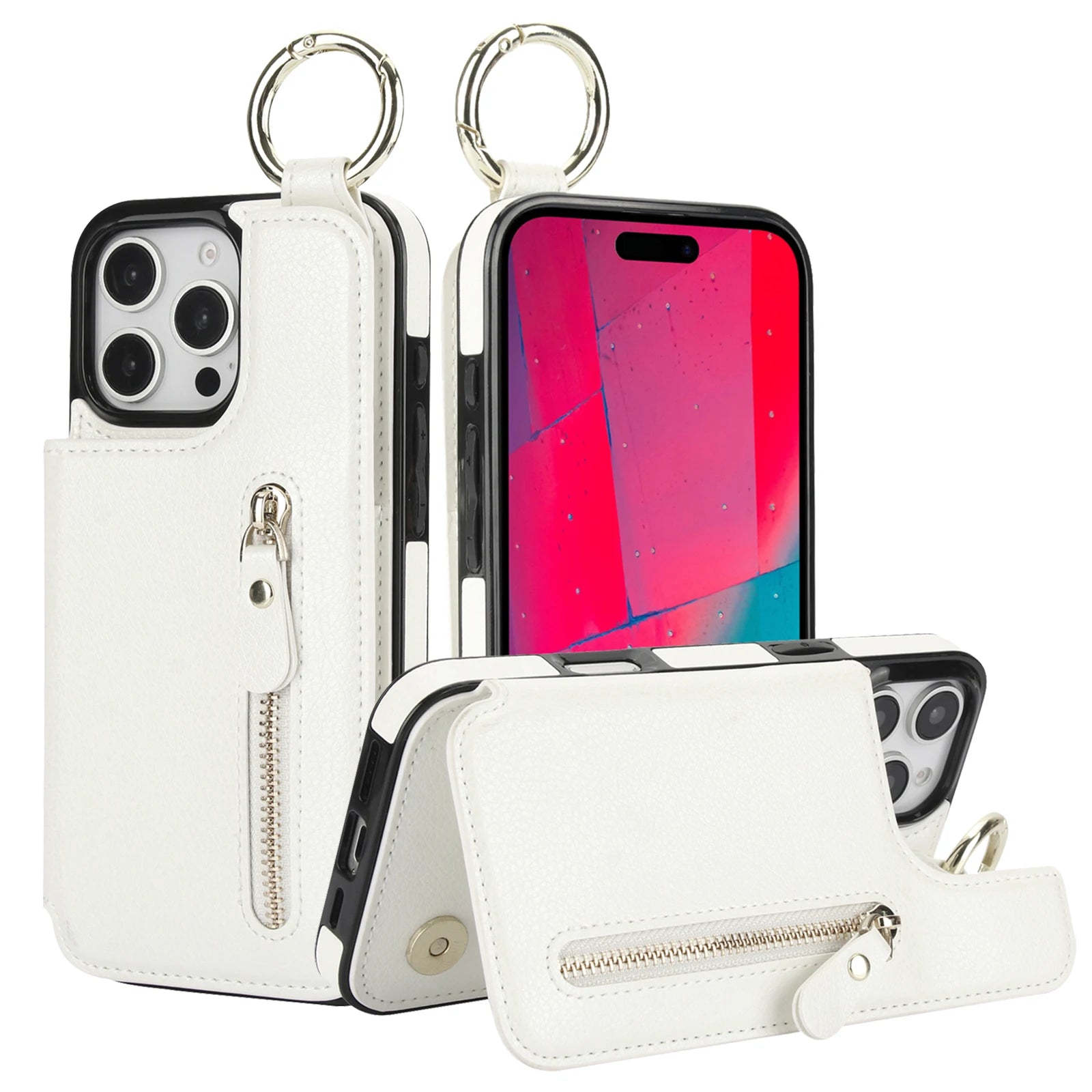 Protective Leather Case with Zipper Wallet & Ring Holder for iPhone 15 Series