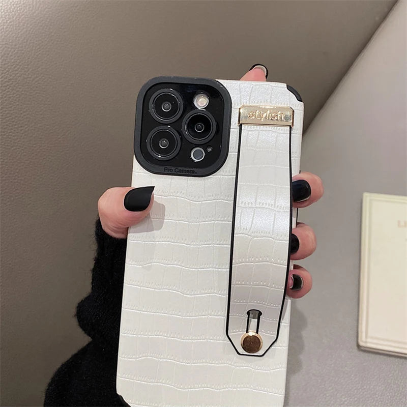 Crocodile Skin Leather Hand Strap Case for iPhone 15 Series