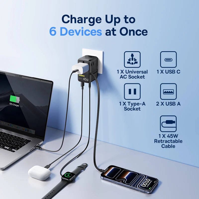 Baseus 45W GaN Travel Charger with Retractable USB Cable