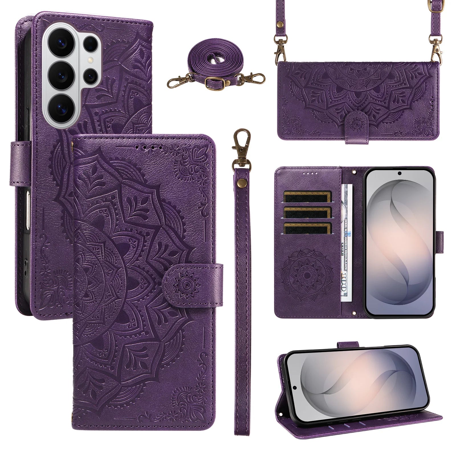 Embossed Mandala Crossbody Leather Wallet Case for Samsung S26 Series