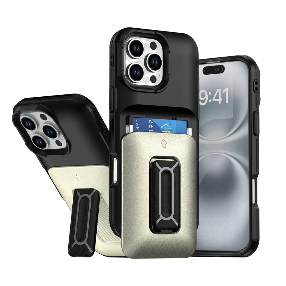 iPhone 16 Series Wallet Case with Sliding Card Holder and Kickstand