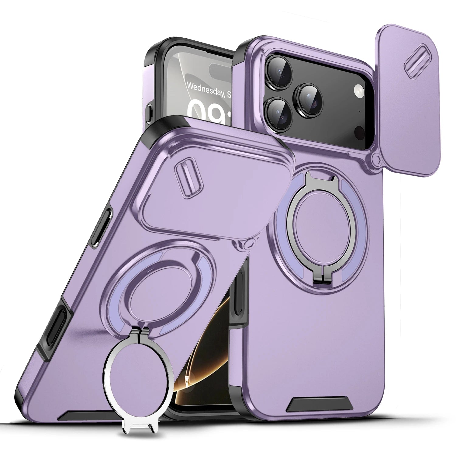 Durable Heavy Duty Case with Camera Slide Cover & Magnetic Ring Kickstand for iPhone 17 Series