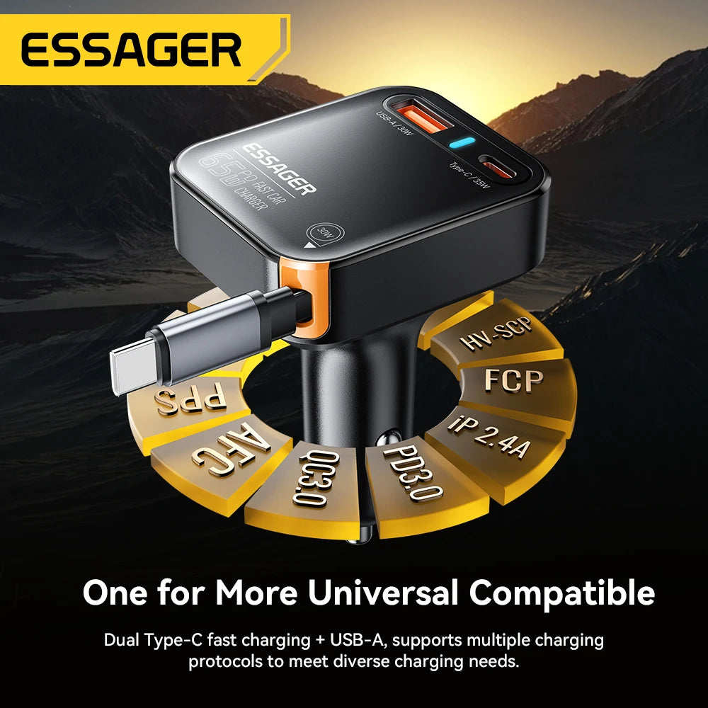 Essager 65W USB-C Car Charger with Retractable Cable