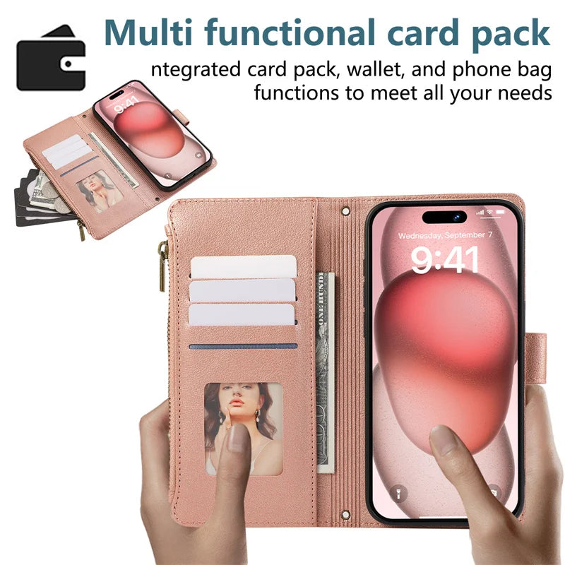 Leather Crossbody Wallet Case with Card Holder & Wrist Strap for iPhone 16 Series