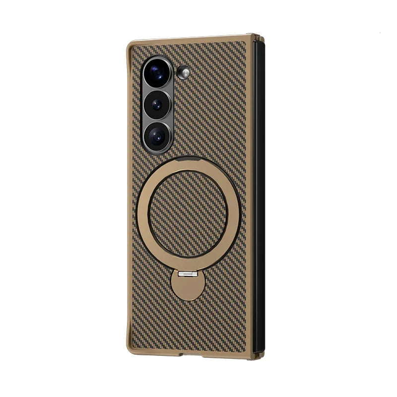 Carbon Fiber Leather Case with Rotating Ring Bracket for Samsung Galaxy Z Fold 6