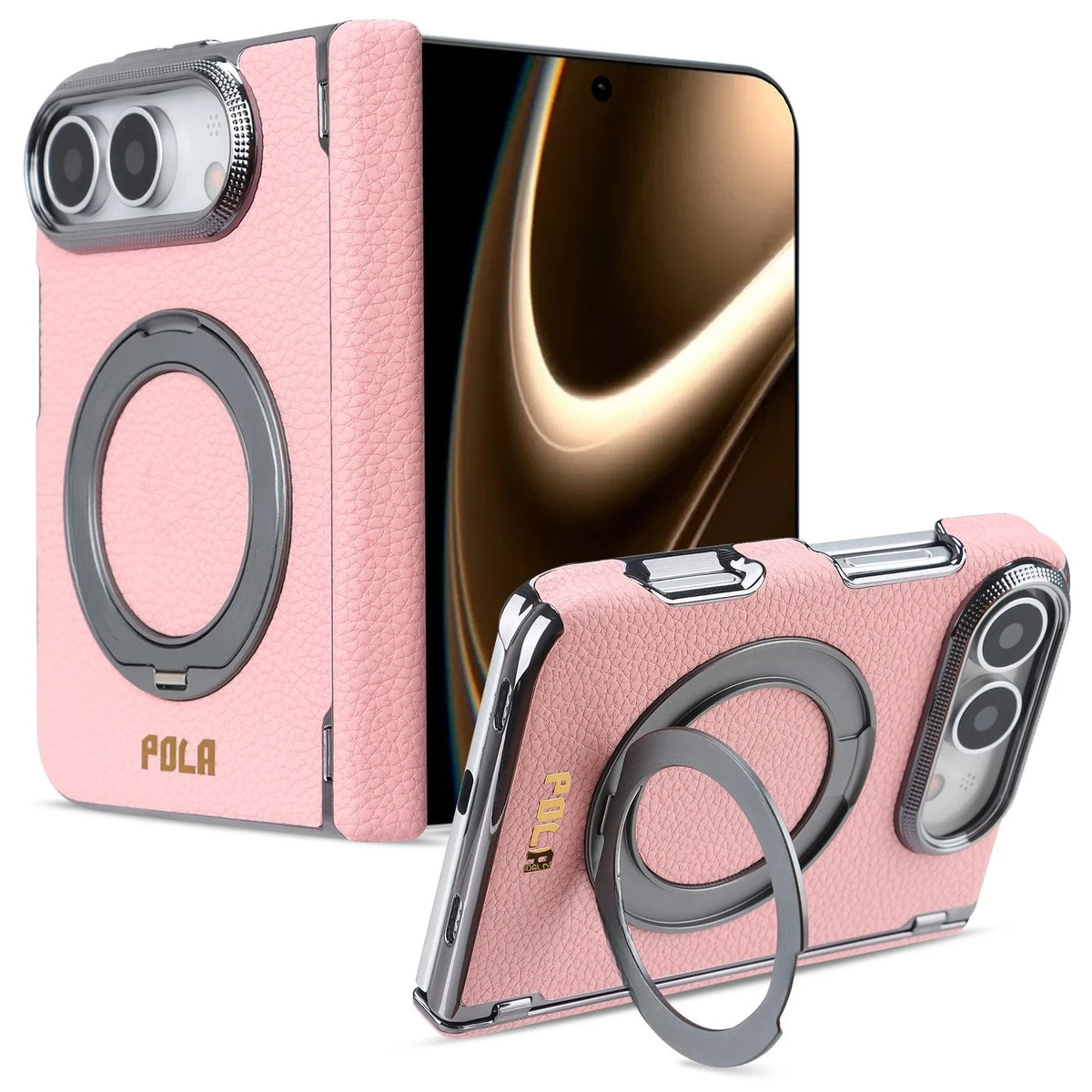 Litchi Grain Leather MagSafe Case with 360° Rotating Ring Stand for iPhone Duo