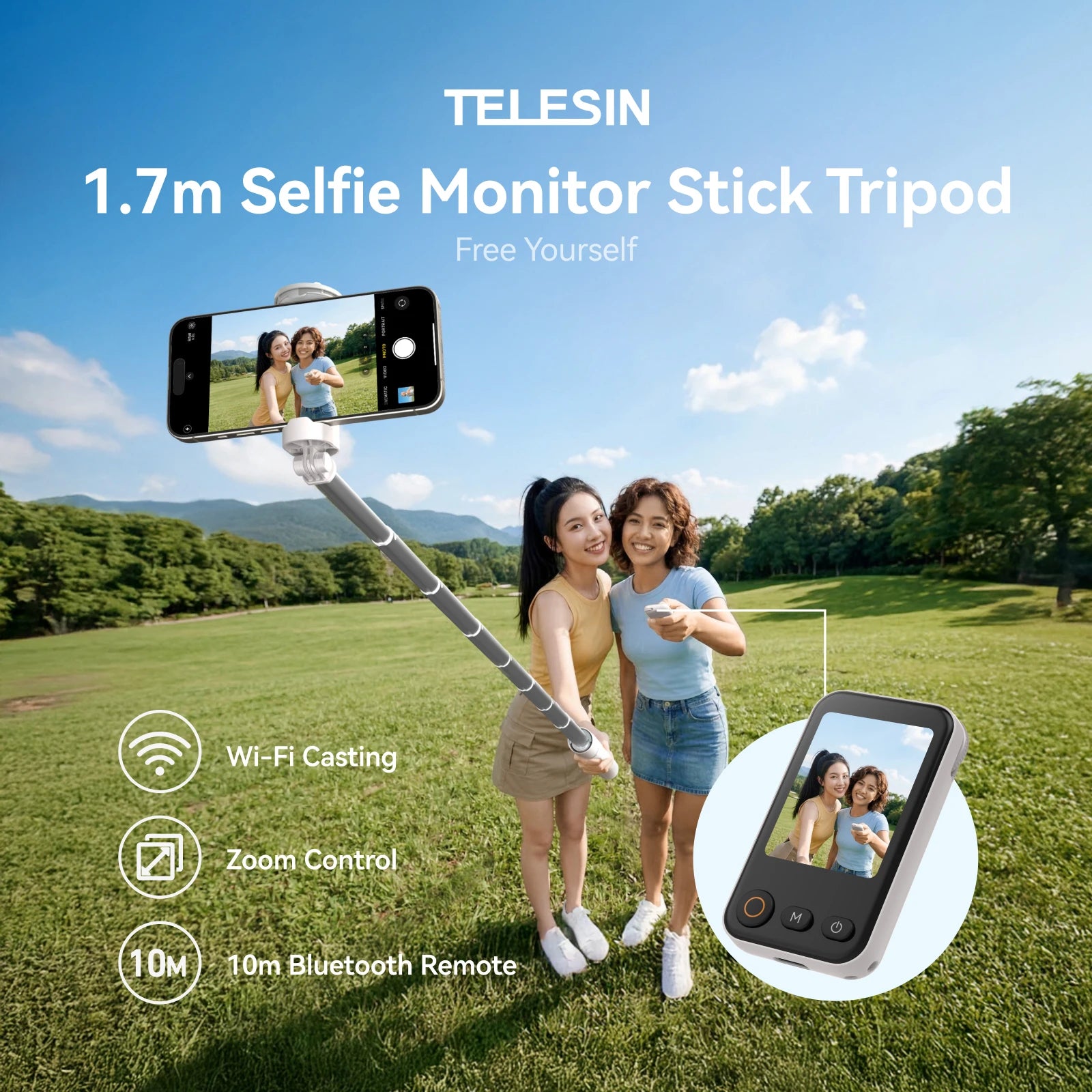 TELESIN 1.7M Bluetooth Remote Selfie Stick Tripod