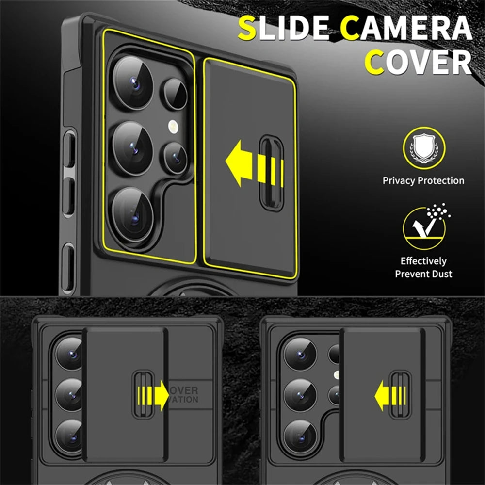 Slide Camera Cover Armor Magnetic Case with Kickstand for Samsung Galaxy S24 Series
