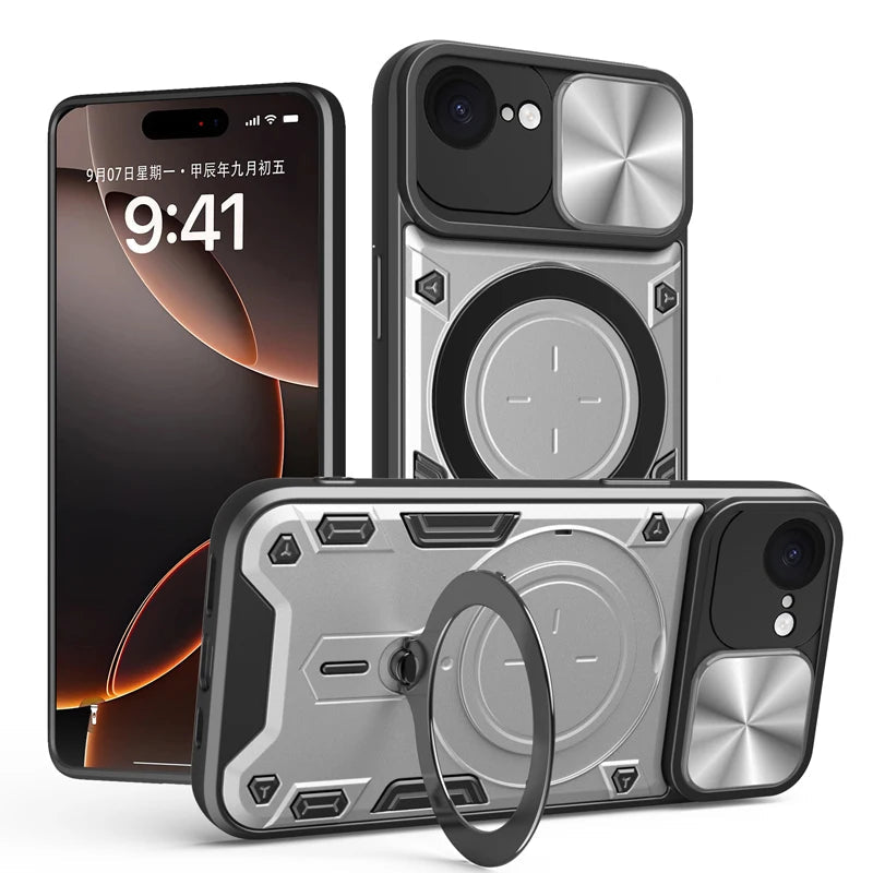 iPhone 16e Protective Magnetic Case with 360° Rotating Ring Stand