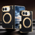 Fabric Leather Rotating Ring Holder Case with Electroplated Accents for iPhone Duo