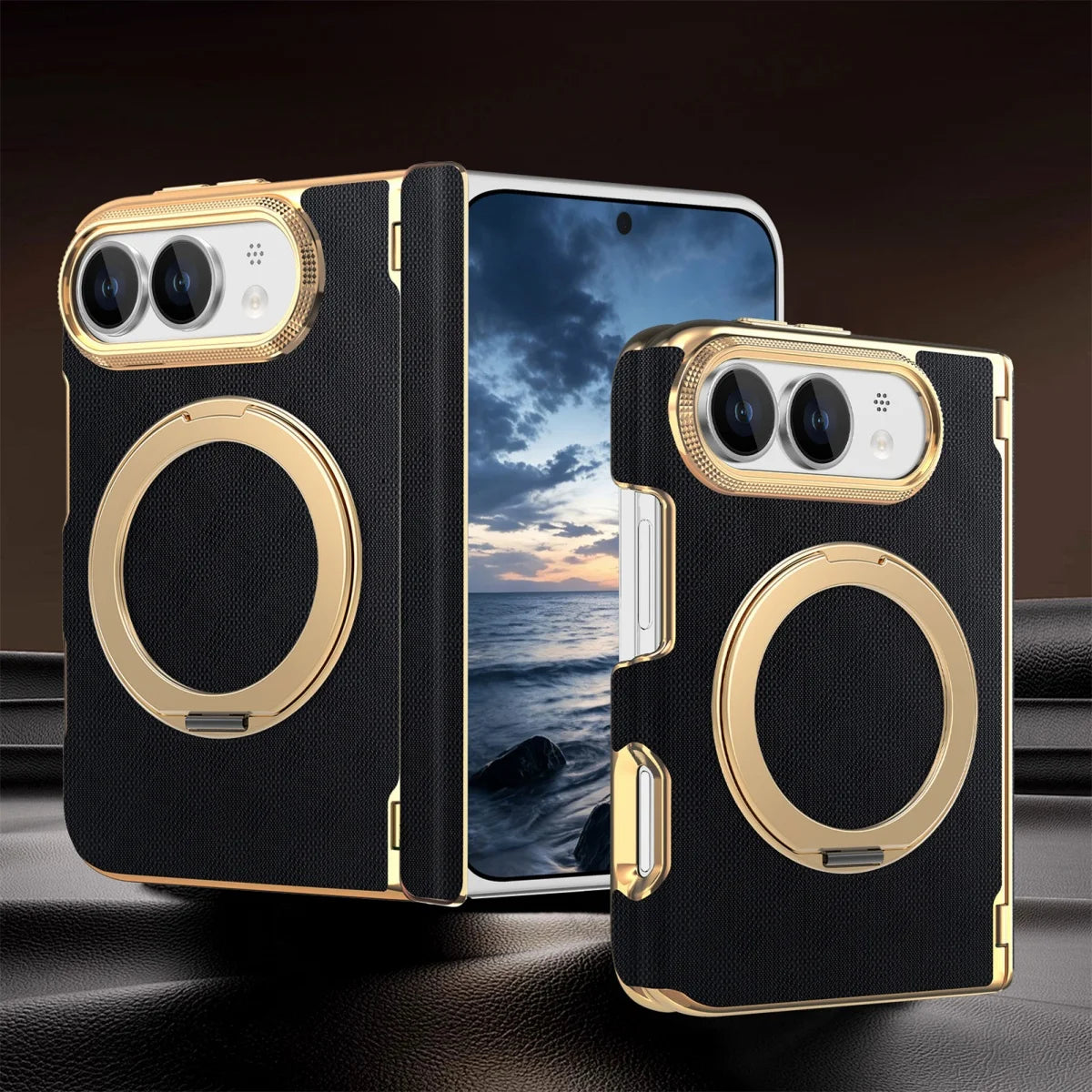 Fabric Leather Rotating Ring Holder Case with Electroplated Accents for iPhone Duo