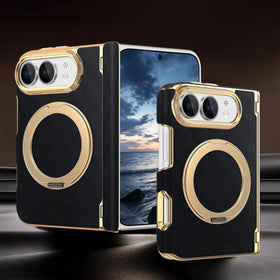 Fabric Leather Rotating Ring Holder Case with Electroplated Accents for iPhone Duo