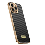 Phone case with carbon fiber texture and gold accents on a white background