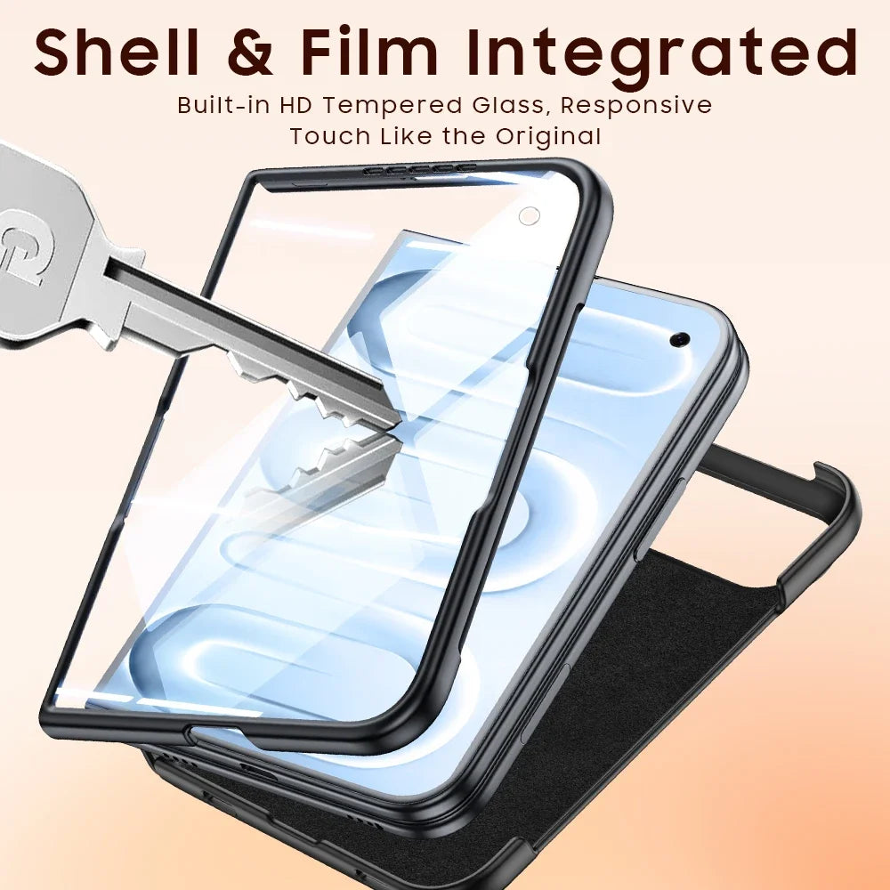 Microfiber Leather Fold Case with Integrated Tempered Glass Screen Protection for iPhone Duo
