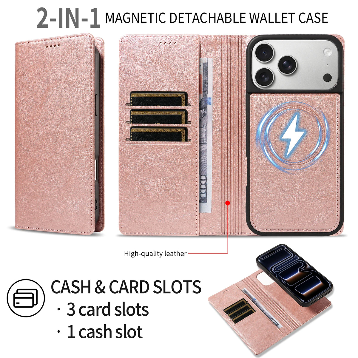 Shockproof Leather Folio Wallet Case with Detachable Magnetic Pouch for iPhone 18 Series