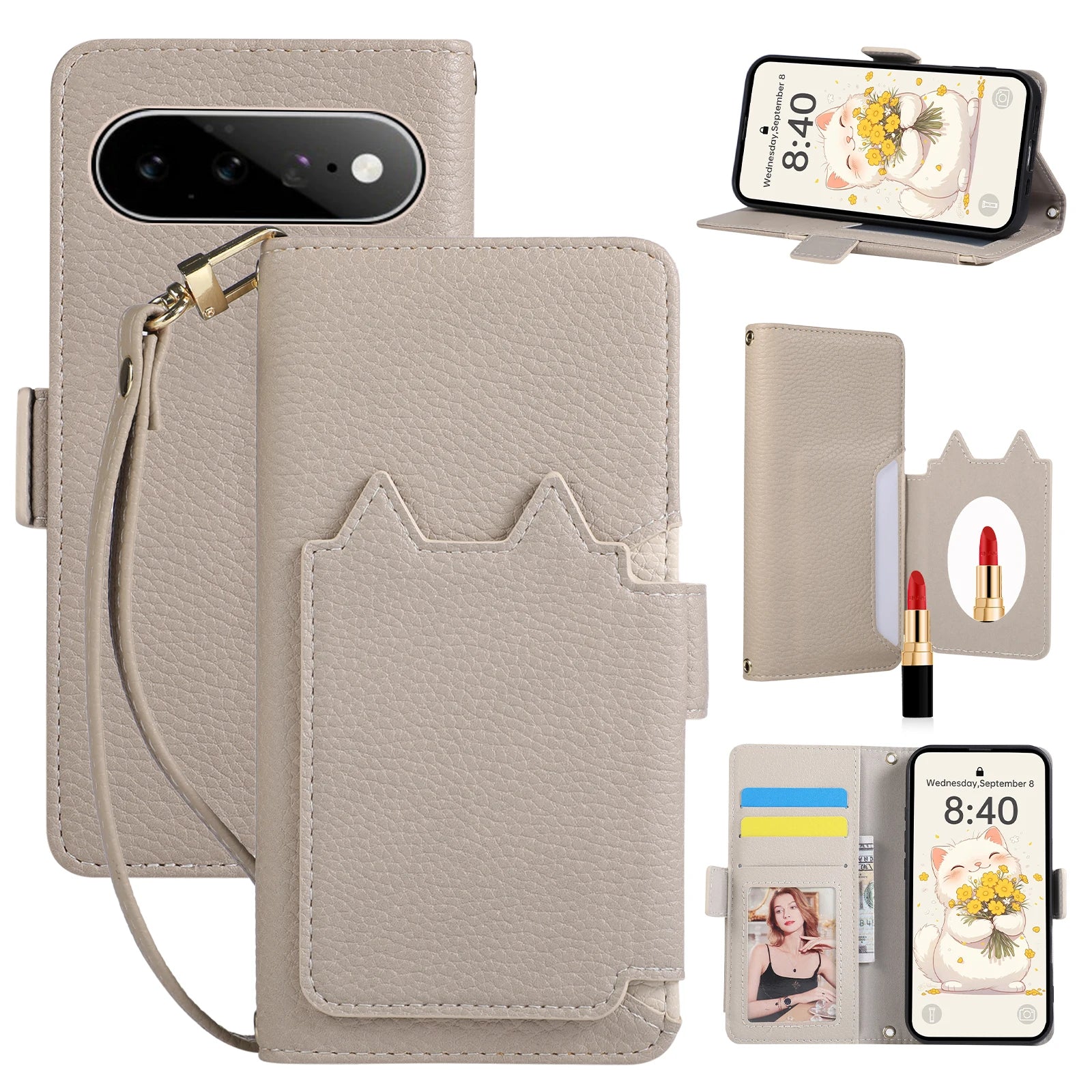 Leather Flip Case with Makeup Mirror for Google Pixel 11 Series
