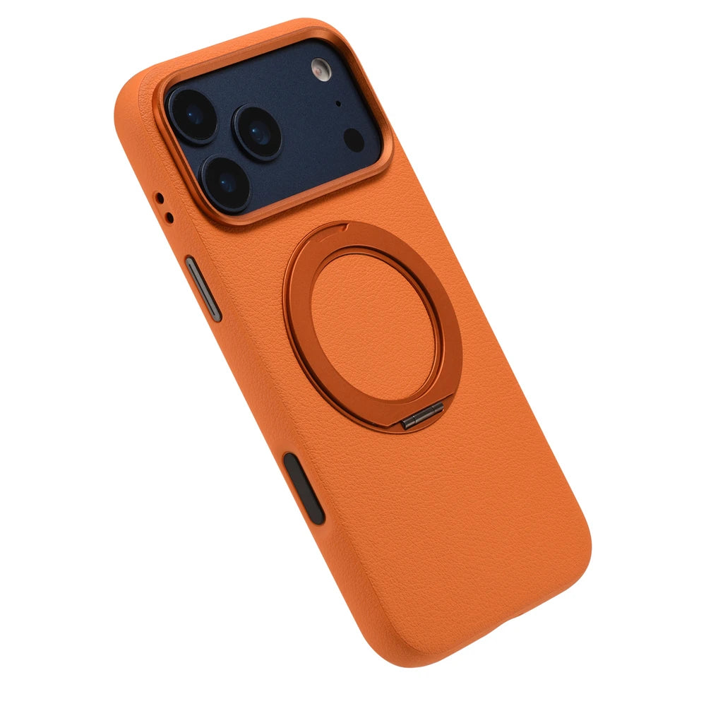 Luxury PU Leather MagSafe Case with Ring Holder for iPhone 17 Series