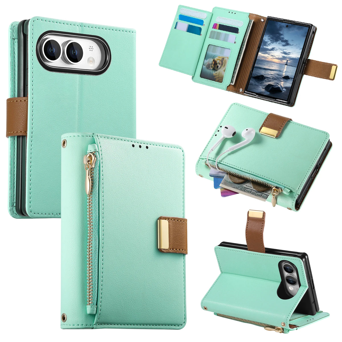 Vegan Leather 4-Card Kickstand Wallet Case with Zippered Coin Pocket for iPhone Duo