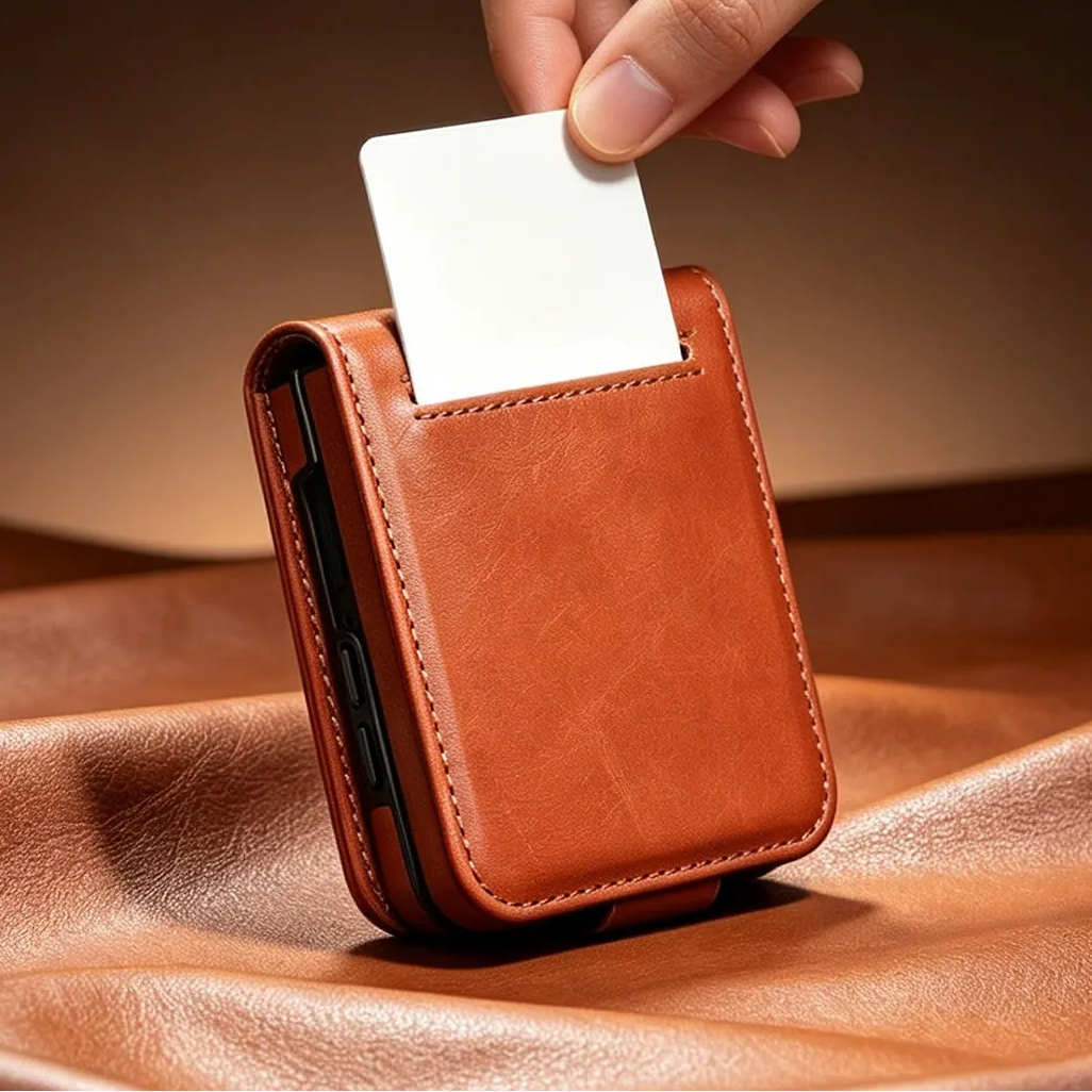 Genuine Calf Cowhide Leather Case with Card Pocket for Samsung Galaxy Z Flip 8