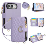 Leather Diamond-Quilted Crossbody Wallet Case with Detachable Long Lanyard Strap for iPhone Duo