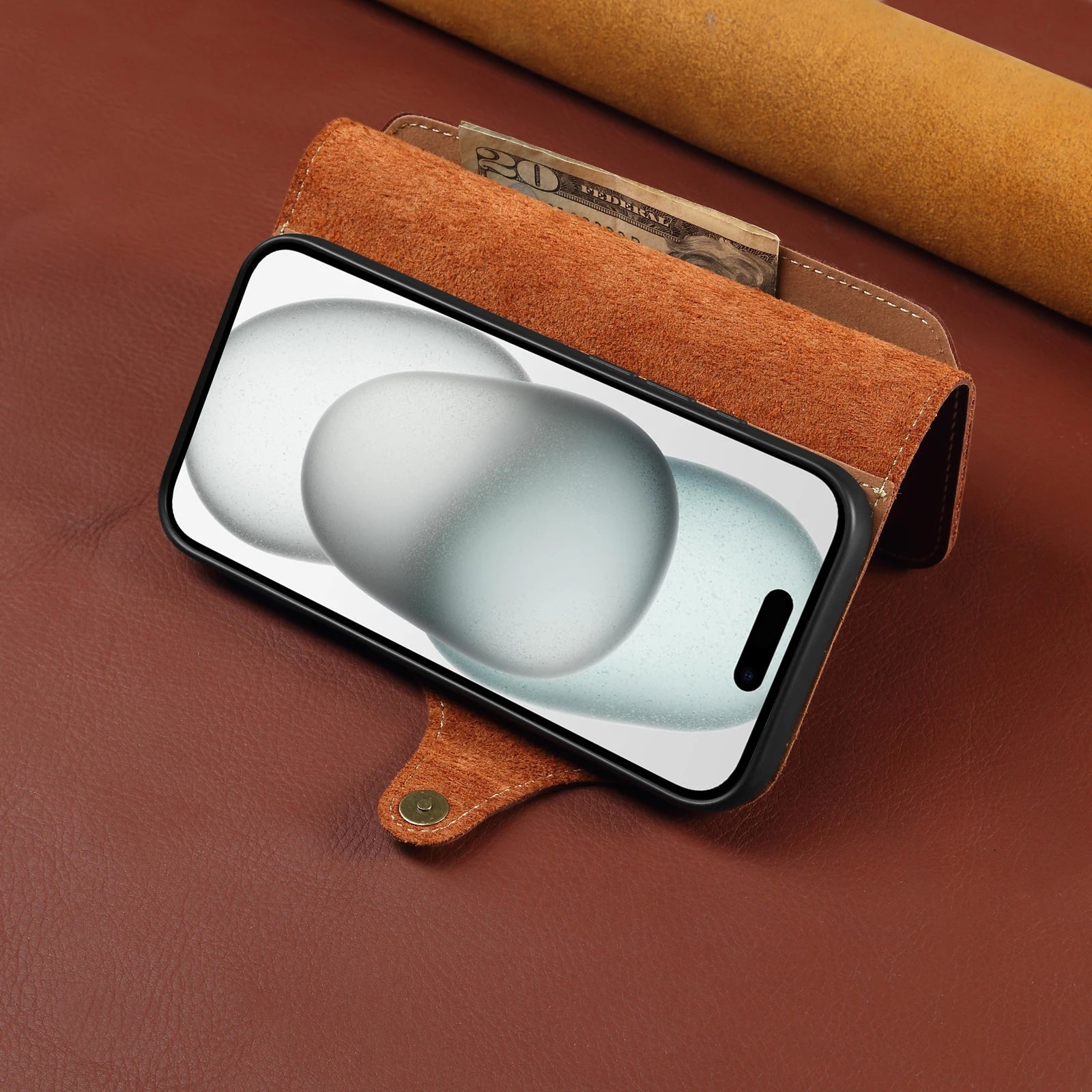 Retro Cowhide Leather Wallet Flip Case with Buckles and Lanyard for iPhone 17 Series