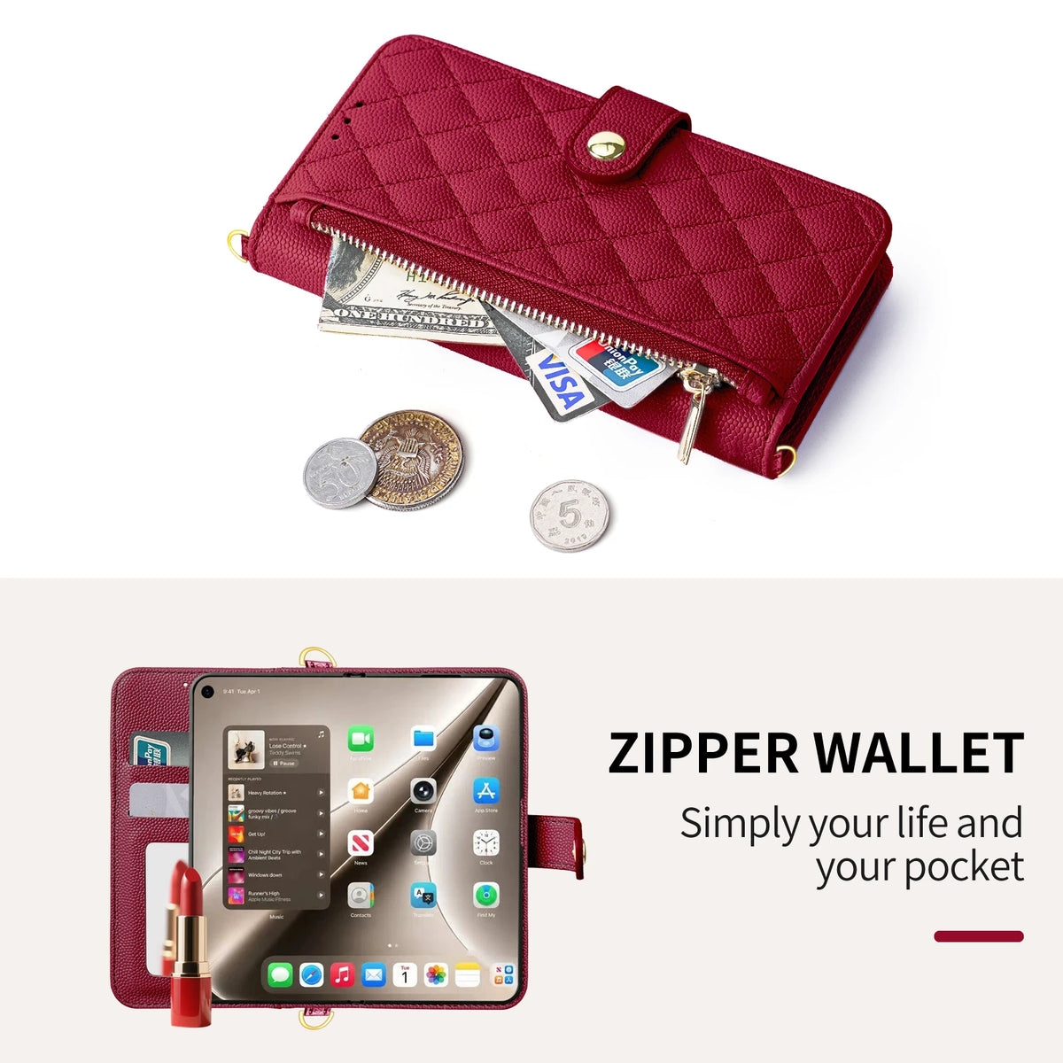 Quilted Leather Crossbody Wallet Case with Detachable Strap for iPhone Duo